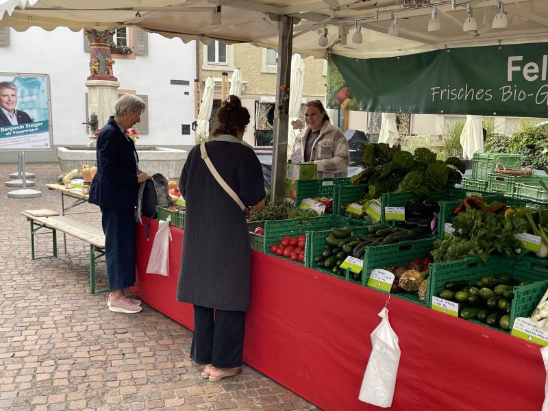 Kundinnen kaufen frisches Bio-Gemüse am Feldhof-Marktstand der Stiftung MBF – Teilhabe und nachhaltige Landwirtschaft.