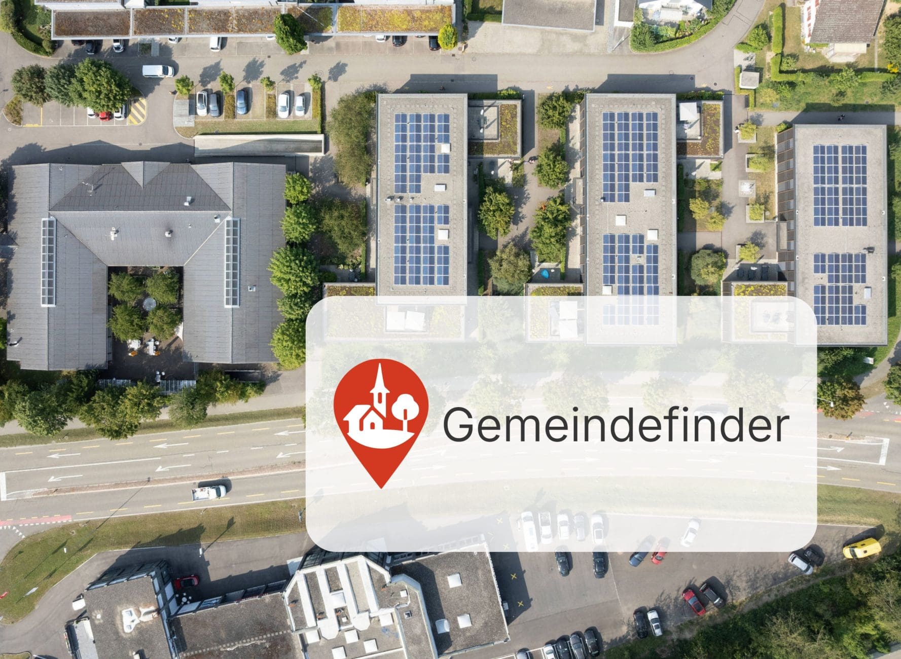 Luftaufnahme der Stiftung MBF mit dem Hinweis «Gemeindefinder» zur Suche nach Angeboten der Stiftung MBF in der eigenen Gemeinde.