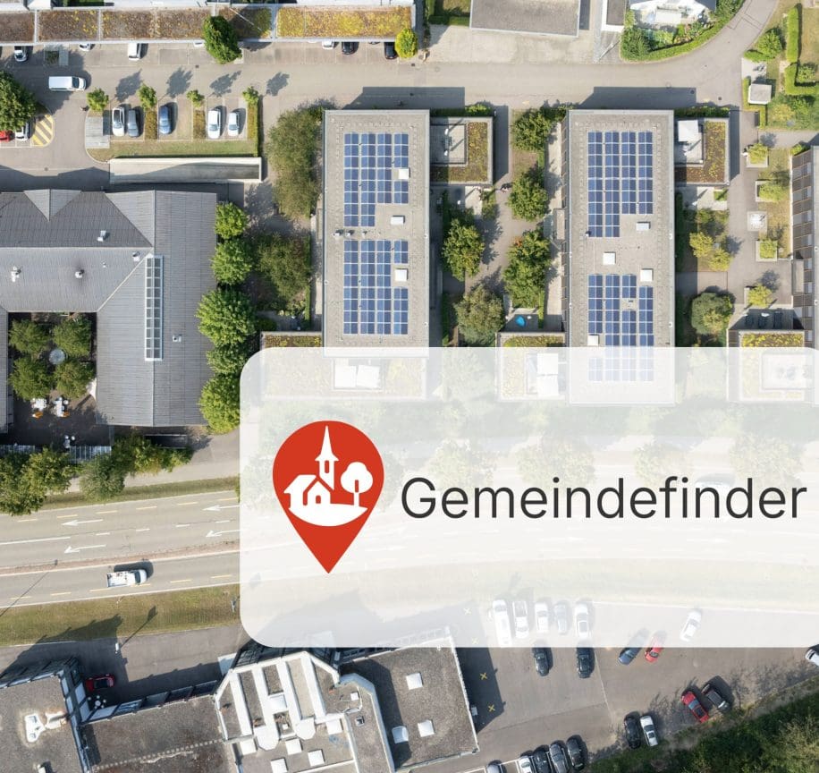 Luftaufnahme der Stiftung MBF mit dem Hinweis «Gemeindefinder» zur Suche nach Angeboten der Stiftung MBF in der eigenen Gemeinde.